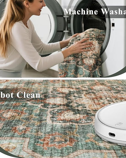 Washable Oriental Area Rug - 5ft Round Rugs for Living Room Soft Carpet for Bedroom Waterproof Floral Distressed Indoor Stain Resistant Non-Shedding Floor Carpets (Green, 5ft-Round)