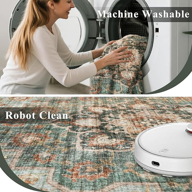 Washable Oriental Area Rug - 5ft Round Rugs for Living Room Soft Carpet for Bedroom Waterproof Floral Distressed Indoor Stain Resistant Non-Shedding Floor Carpets (Green, 5ft-Round)
