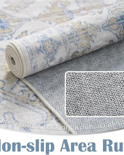 jinchan Hallway Runner Rug 2x10 Machine Washable - Vintage Floral Non-Slip Low-Pile Soft Ultra-Thin Faux Wool Kitchen Rug Distressed Carpet Runner for Farmhouse Bedroom Laundry Room (2x10ft, Blue)