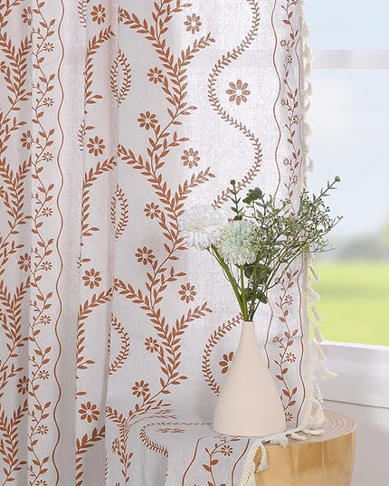 Boho Curtains for Living Room 63 Inches Long Semi Sheer Linen Floral Curtains Vintage Farmhouse Window Curtain 2 Panel for Dining Room Kitchen