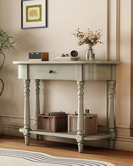 HMFULE Retro Curved Console Table, 36" Solid Wood Half Moon Console Table Sofa Table Entryway Table with 1 Drawer 1 Open Shelf Roman Legs Curved Corners for Living Room,Entryway,Hallway,Gray