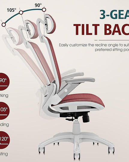 GABRYLLY Ergonomic Office Chair, High Back Home Desk Chair with Headrest, Flip-Up Arms, 90-120° Tilt Lock and Wide Cushion, 400LBS Mesh Chairs for Man Woman, White Task Chair(Red,GY01WR)