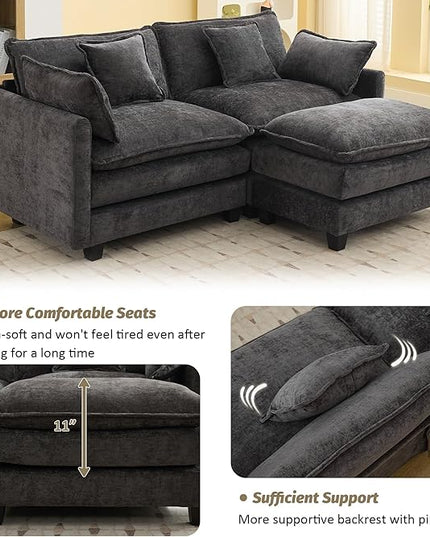 76'' Cloud Deep Seat Loveseat Sofa, Upholstered Chenille Modular 3-Seats Sectional Sofa Couch with Movable Ottoman, Modern Comfy Settee Loveseat for Living Room Set, Small Apartment, Dark Grey
