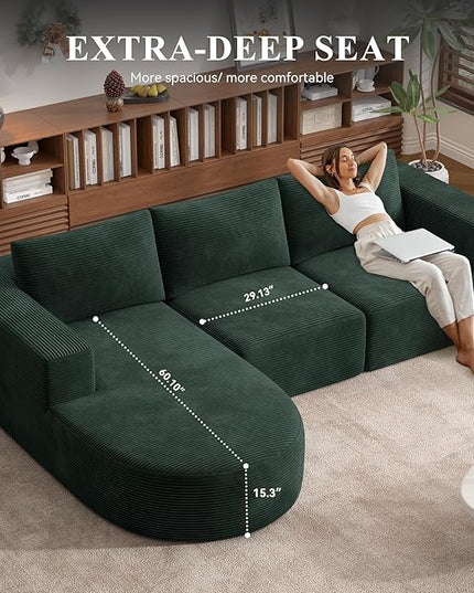 Modular Sectional Sofa with L-Shape Chaise,Cloud Sectional Modern Sleeper Couch with Deep Seat,Sponge Compression Sofas No Assembly Required (Green-Corduroy Fabric) 1PCS