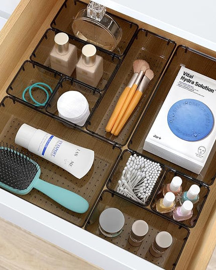 13 PCS Clear Plastic Drawer Organizers Set, 4 Size Desk Drawer Organizer Trays for Makeup, Jewelry, Kitchen Utensils, Gadgets and Office Accessories, Black