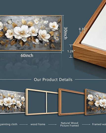FUHAIHUA Wood Framed Canvas Wall Art For Living Room Large Wall Decor For Office Bedroom Decoration White Flower Pictures Farmhouse Painting Artwork Room Wall Mural Aesthetic Home Decor 30x60