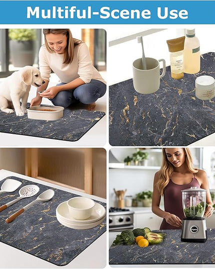 Dish Drying Mat Coffee Bar Mat for Kitchen Counter, Absorbent Dish Rack Pad Hide Stain with Non-slip Rubber Backed Coffee Accessories Fit Under Espresso Machine Maker Black Marble 22.83"x14.96"