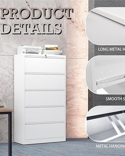 5 Drawer Lateral File Cabinet with Lock, Metal File Cabinet, Lateral File Cabinets for Home Office, Heavy Duty File Storage Cabinet for Legal/Letter/A4 Document, Assembly Required, White