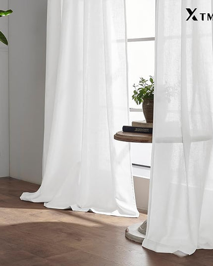 XTMYI White Back Tab/Hook Belt Linen Cotton Sheer Curtains for Bedroom White 63 Inches Long,2 Panels