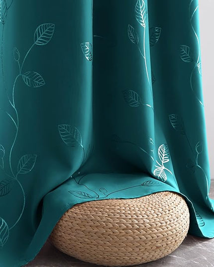 BUHUA White Black Out Curtains 72 Inch Long 2 Panels, Soundproof Curtains with Elegant Silver Leaf Print, Heat Blocking Curtains for Livingroom, 52W x 72L, Teal Blue