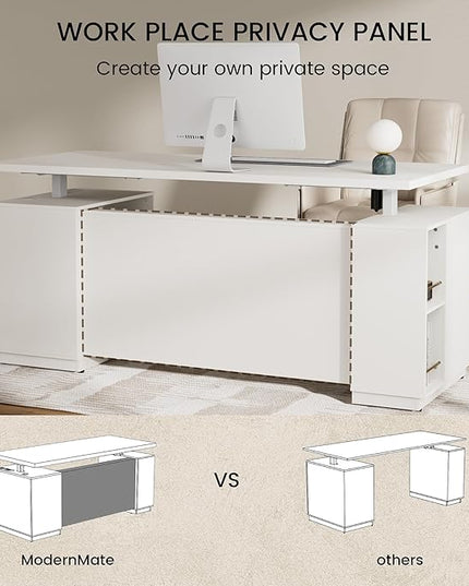 71" Standing Desk with Storage, Large One-Piece Desktop, Electric Height Adjustable Stand Up Executive Desk, Privacy Panel, AC/USB, Host Storage, White Rattan