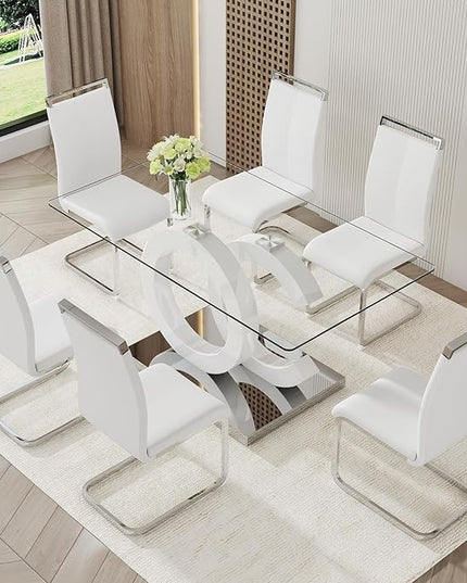 Ebullient Glass Dining Table Set for 6 ，7 Piece Dining Table Set,Tempered Glass Table Top，White Modern Dining Room Table with 6 PU Leather Ergonomic Dining Chairs