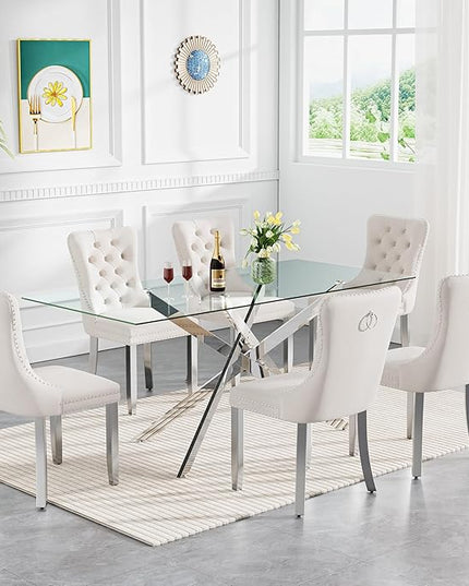 Rectangle Glass Dining Table Set for 6, 60'' Kitchen Table and Chairs Set, 7PCS Modern Dining Room Table Set with 6 Velvet Dining Chair for Home