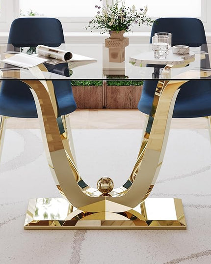 70'' Glass Dining Table for 4-8 People, Tempered Glass Top and Gold U Stainless Steel Base, Large Dining Room Desk for 6, Modern Glass Gold Kitchen Table for 6