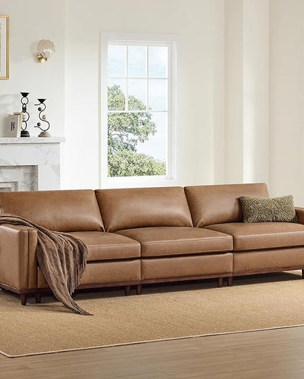 CHITA 118" Super Large Luxury 3 Seat Sectional Modular Sofa, FSC Certified Down Filled Modern Sofa, Deep Seat Comfty Cloud Couch, 3 Seat Couch, Solid Wood Leg, Faux Leather in Camel