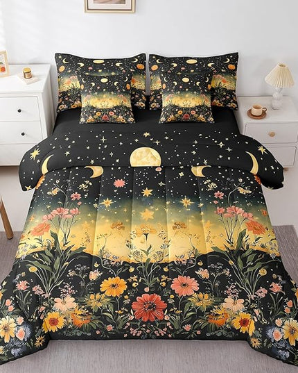 Feelyou 7 Piece Sun and Moon Bed in a Bag Full Butterfly Moth Flower Sheet Set Rustic Garden for Boys Girls Kids Boho Moon Sun Star Bedding Comforter Boho Mandala Cushion Covers