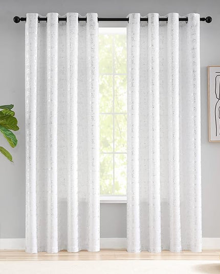 Taisier Home Silver Foil Print Linen Textured Curtains - Geometric Dots Pattern Design for Nursery, Toy Room - Thermal Insulated Window Treatment, 2 Panels, 54" L, White and Silver