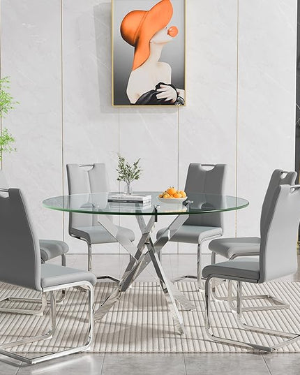 HomVent 7 Piece Round Glass Dining Table Set, Round Glass Kitchen Table Set for 6 with 6 PU Upholstered Dining Chairs for Kitchen Dining Room