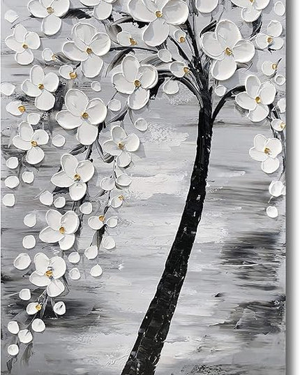 Yihui Arts 3D White Flower Canvas Wall Art Hand Painted Grey Paintings Vertical Artwork for Living Room Bedroom Hallway Decoration