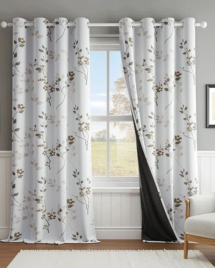 Beauoop Floral 100% Blackout Curtains 84 Inches Long 2 Panels for Bedroom Living Room Tan Brown and White Flower Patterned Room Darkening Thermal Soundproof Grommet Window Treatments Drapes, 52X84