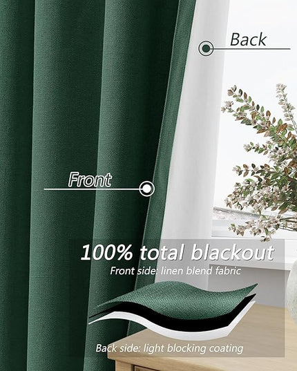 Guken Green Blackout Curtains 102 Inch Length 2 Panels Set for Living Room Bedroom Back Tab Thermal Insulated 100% Black Out Linen Drapes Boho Christmas Decor 52x102