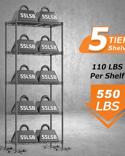 Storage Shelves,21.3" W x 11.8" D x 58.5" H Wire Shelving Unit Loads 550LBS,5-tier Adjustable Metal Utility Shelf,Garage Shelves with Liner and Hooks,Home Storage Rack for Kitchen,Laundry,Pantry