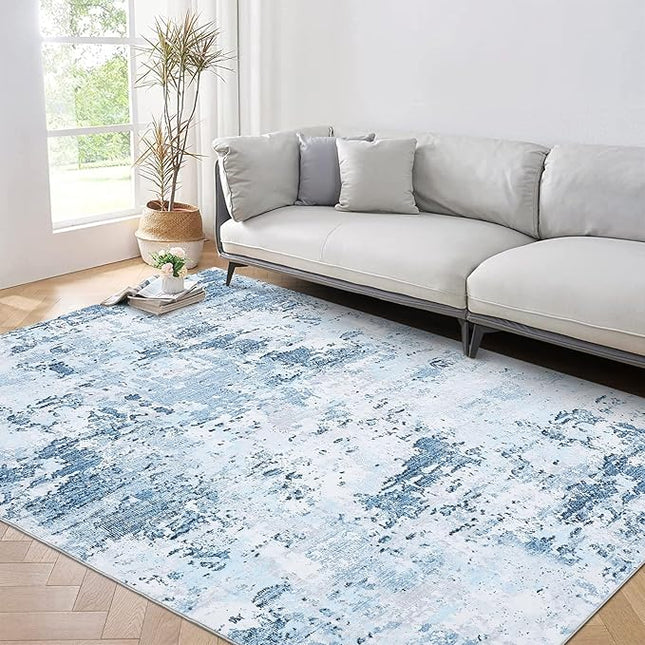 Living Room 8x10 Washable Modern Abstract Rug Faux Wool Ultra Soft Non Slip Non Shedding Accent Rug for Bedroom Dining Room Office Home, Blue