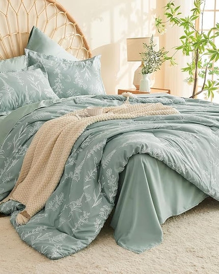 MUXHOMO Queen Comforter Set 7 Pieces, Sage Green Bed in a Bag Queen Reversible Botanical Flowers Design, Ultra Soft & Breathable Bedding Sets with Comforter, Sheets, Pillowcases & Shams