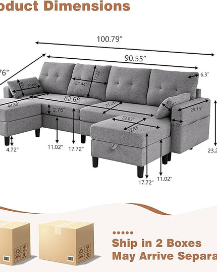 101" Sectional Sofa 4 Seat U Shaped Couch with Storage Ottoman for Living Room, Reception Room ect, Combination Sectional Couch with Movable Ottoman Sets, LightGrey