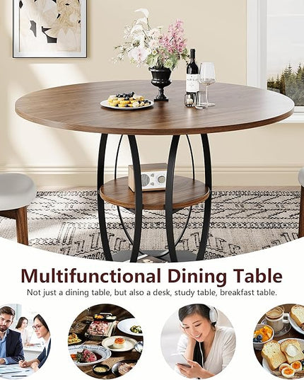 Round Dining Table for 4, 3-Tier Dinner Room Tables with Storage Shelf, Space Saving Small Kitchen Table, Farmhouse Dinner Table with Wooden Tabletop and Hexagonal Base (Walnut, 42inch)