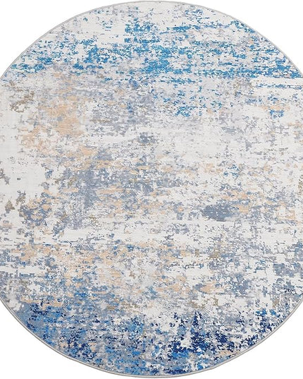 Modern Abstract 8x8 Round Area Rug Non Slip Non Shedding Rug Low Pile Stain Resistant for Bedroom Living Room Office Dining Room,Blue/Grey