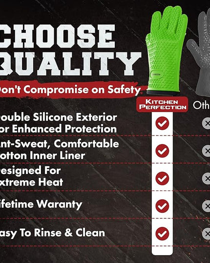 KITCHEN PERFECTION S Silicone Smoker Oven Gloves -Extreme Heat Resistant BBQ Gloves -Handle Hot Food Right on Your Grill Fryer Pit|Waterproof Oven Mitts |Superior Value Set+3 Bonuses