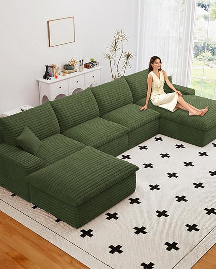 136" Cloud Couch Modular Sectional Sofa for Living Room, U-Shape Boneless Couch with Deep Seat, Modern Corduroy 4-Seater with Ottoman, No Assembly Required (Green,Right-Facing Chaise)