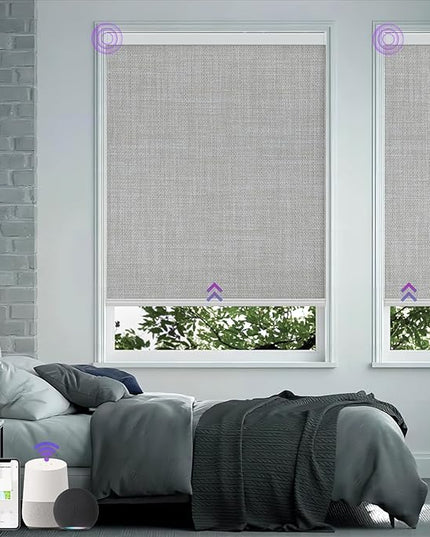 Astomi Motorized Roller Shades for Windows, Blackout Automatic Blinds with Remote, Smart Blinds, Voice Control, Compatible with Alexa, Google, Custom Size (Woven Grey)