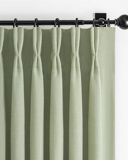 Sage Green Pinch Pleated Curtains 84 Inches Long for Patio Sliding Glass Doors, Memory Trained Viral Blackout Two Layer Linen Boho Drapes Insulated Noise Blocking Windows Curtain 40W x 84L x 2 Panels