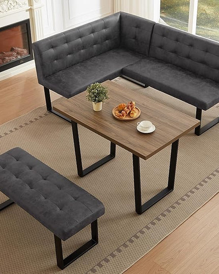 3-Piece Corner Dining Table Set with Bench, 70 Inch Space-Saving Breakfast Nook for Kitchen & Dining Room(Walnut Table & R-Seat Grey Bench)