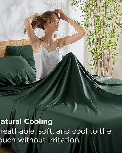 Bedsure Queen Sheet Set, Rayon Derived from Bamboo, Cooling Sheets, Breathable & Soft, Deep Pocket Up to 16 Inches, Hotel Luxury Silky Bedding for Hot Sleepers, Forest Green
