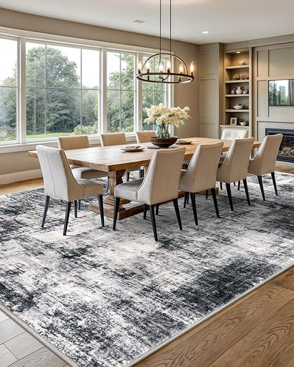 IOHOUZE Abstract Area Rugs 9x12 Ft Washable Large Rugs for Living Room, Non Slip Dining Room Rug, Printed Rugs for Bedroom, Floor Carpet for Office Nursery Playroom, Black Grey