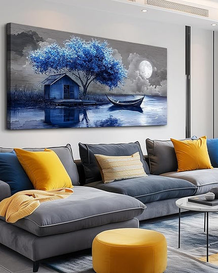 XIGUANGART Tree of Life Large Wall Art for Living Room Blue Boat and House Picture Paintings Abstract Art Prints Modern Nature Scenery Artwork Wall Decor for Bedroom Bathroom Office Home Decoration
