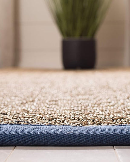 SAFAVIEH Natural Fiber Collection Runner Rug - 2'6" x 12', Natural & Navy, Seagrass, Basketweave Pattern with Border (NF114T)