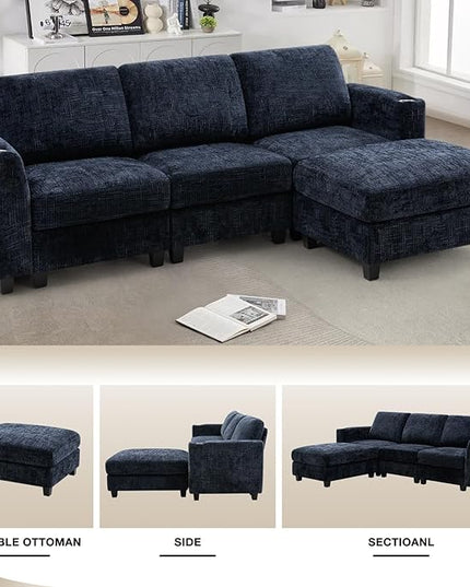 87" Convertible L-Shape Couch with Flexible Ottoman, Soft Sectional Sofa with 2 Built-in Cup Holders, Chenille 3 Seats Sofa with Well-Filled Back Cushions for Living Room, House, Blue
