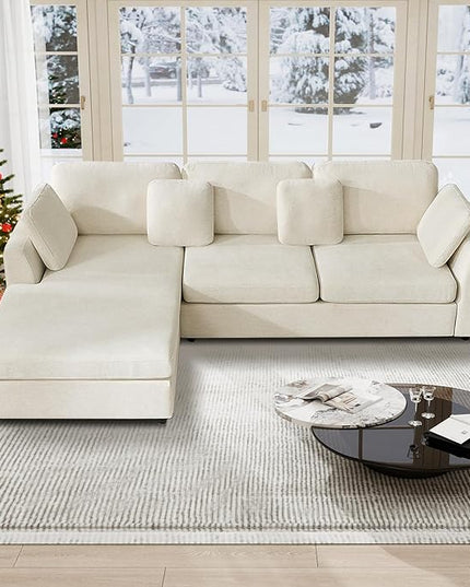Tbfit L Shaped Couch, Oversized 108" Modular Sectional Sofa with Convertible Chaise, Comfy 4 Pillows Sofa for Living Room, Beige