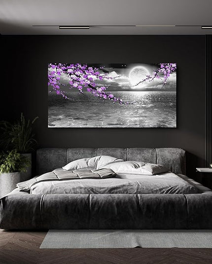 Large Purple Wall Art Decor for Living Room Bedroom Framed Black and White Seascape Full Moon Purple Flower Painting Canvas Picture Modern Hand-Painted Plum Blossom Artwork for Home Office