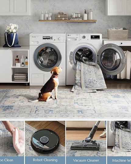 jinchan 8x10 Area Rugs for Living Room Washable Soft Throw Rug Ultra-Thin Stain Resistant Non-Slip Distressed Vintage Floral Large Carpet for Bedroom,Dining Room,Home Office,Nursery (8x10ft,Blue)