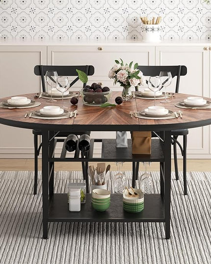 VFK 47.2"-63" Extendable Round Dining Table Set for 4–6, Solid Wood & Metal Table with Wine Rack Storage Shelf, Walnut Kitchen Furniture with 6 Upholstered Chairs (Storage Table and 6 Black Chairs)