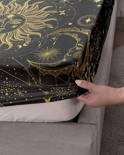 AILONEN Sun and Moon Fitted Sheet Queen Size, Boho Hippie Style Bedding Sheet,Starry Night with Astrology Pattern Sheet Set for Boys Girls,1 Fitted Sheet 2 Pillowcases,3 PCS,Perfect for Adult Rooms