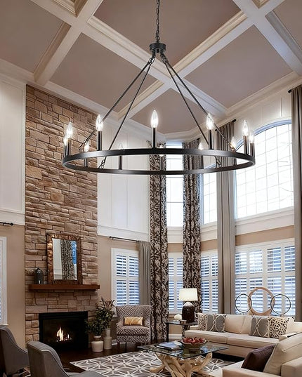 Black Wagon Wheel Chandelier 38 inch,12-Light Farmhouse Wagon Wheel Chandeliers Round Industrial Ceiling Rustic Country Light fixtures for Outdoor Porch high Ceilings Living Dining Room Foyer Entryway