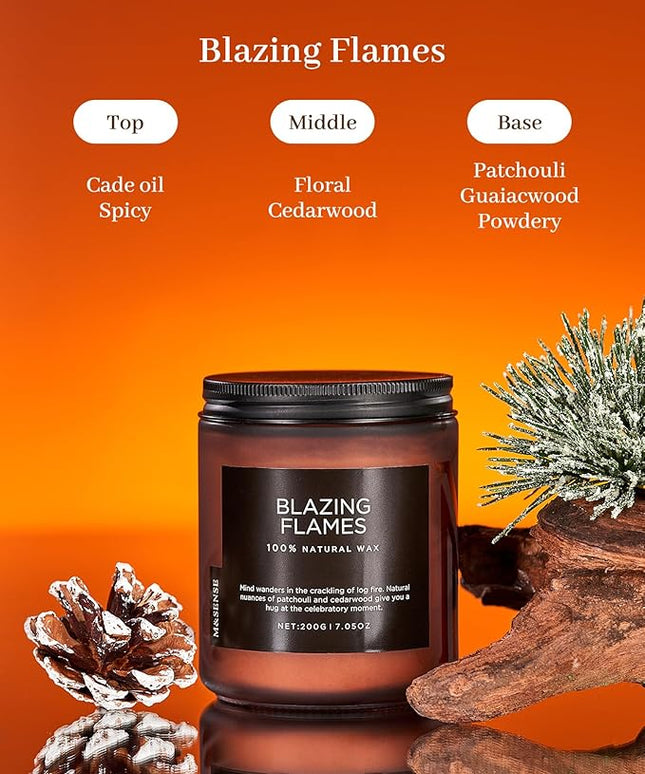 M&SENSE Blazing Flames Scent with Log Fire, Natural Soy Wax Slow Burning Candle for Home Decor, Cedarwood &Cade Scented 7.05oz 50 Hours Burn Cotton Wick Gifts for Celebration Holiday
