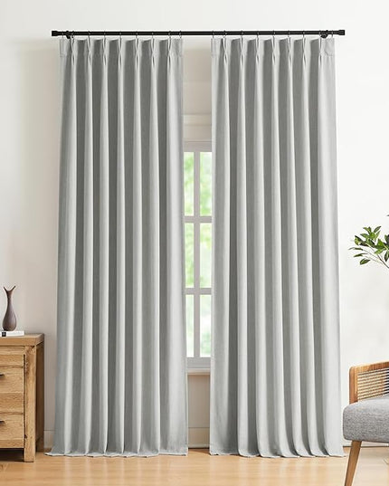 Vision Home Light Grey Pinch Pleated Full Blackout Curtains Linen Blended Room Darkening Curtain Panels 120 inch for Living Room Bedroom Thermal Insulated Pinch Pleat Drapes with Hooks 40" Wx120 Lx2