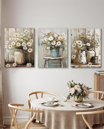 DUWQU 3 PCS Elegant Farmhouse Canvas Wall Art, Vintage Floral Pictures Art Wall Decor, Nature Themed Daisy Art Prints for Living Room Bedroom Kitchen and Office Ready to Hang 16×24 Inches